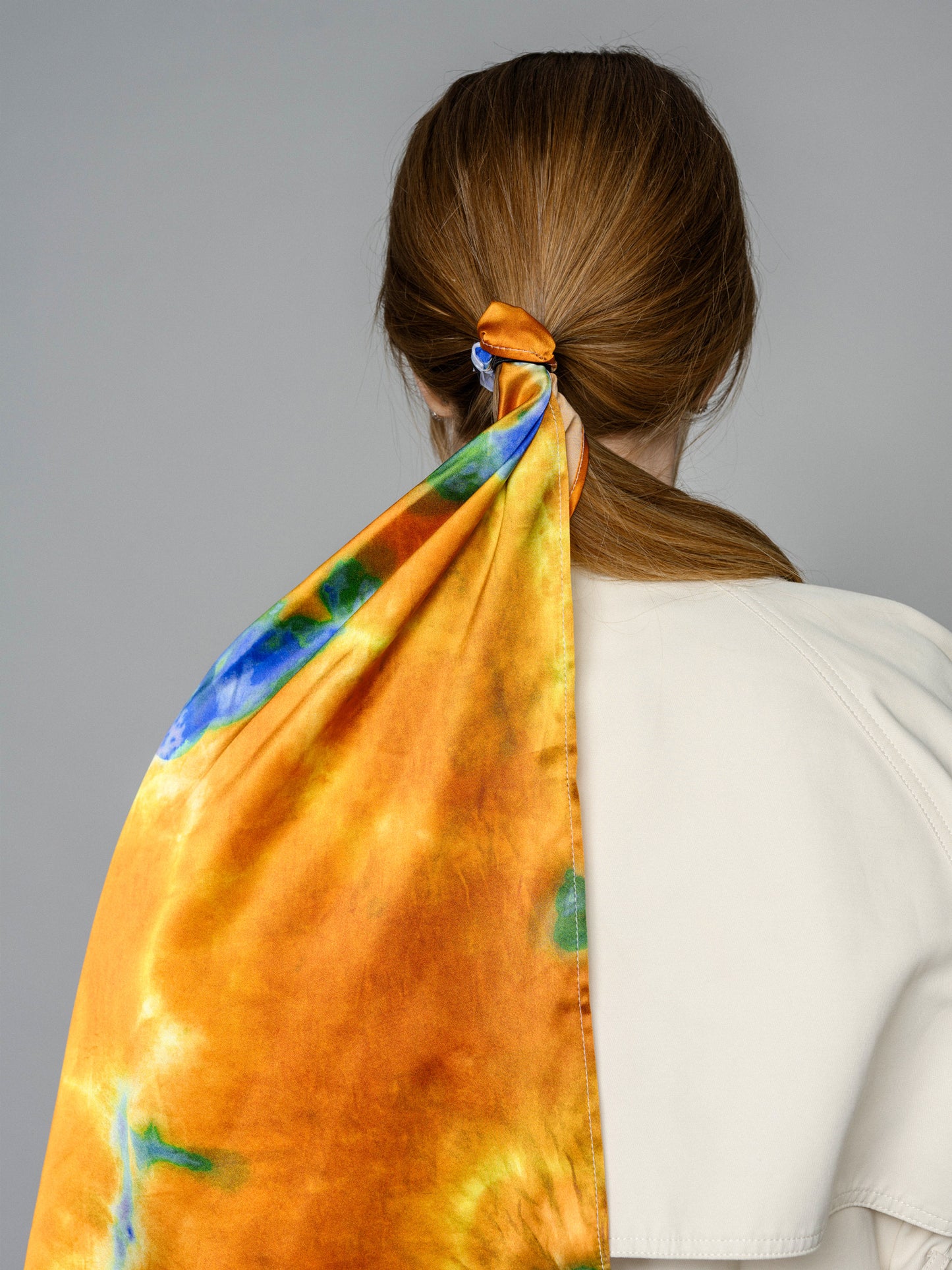 Tie Dye Printed Satin Silk Bandana in Safran & Blue