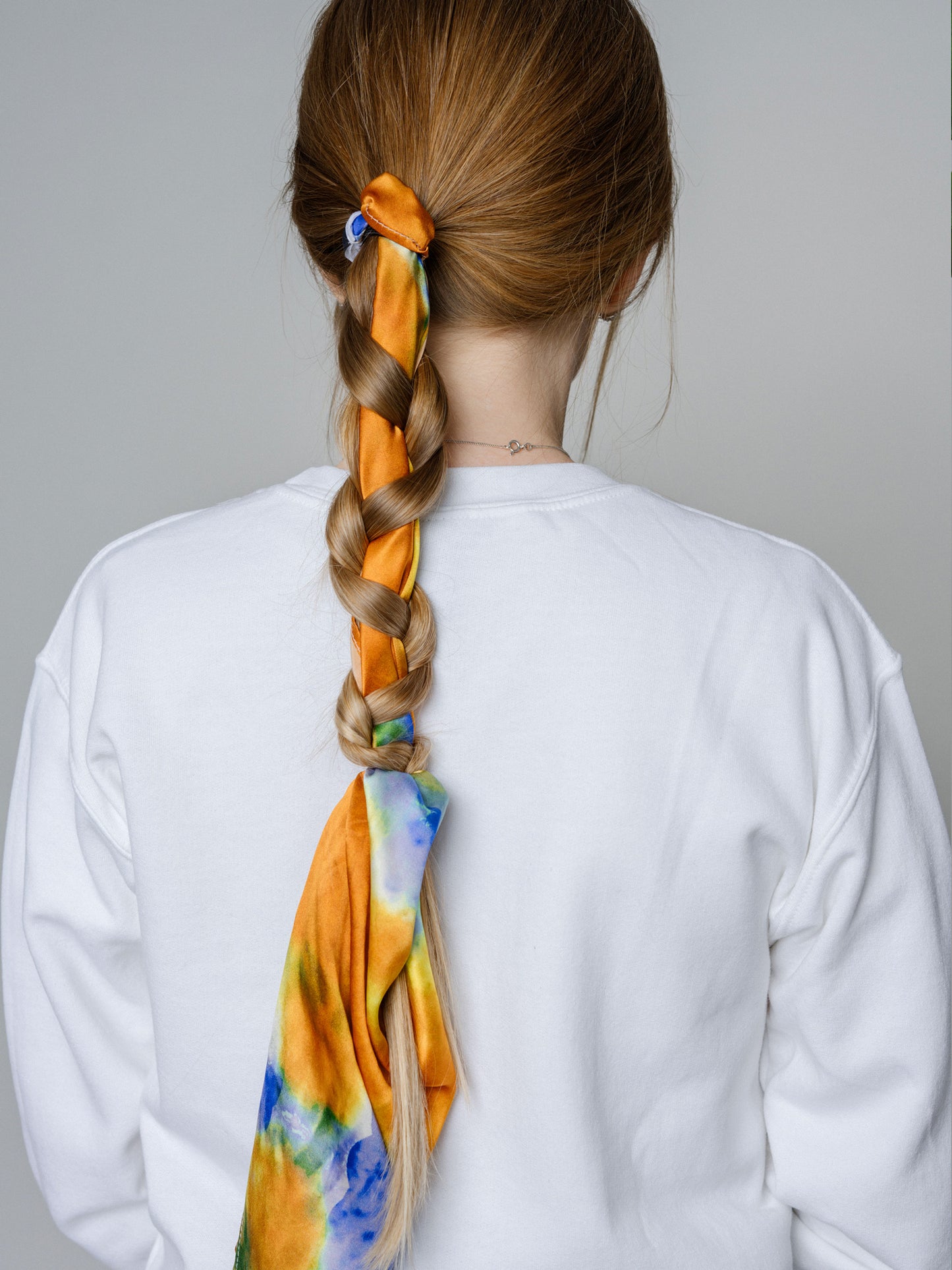Tie Dye Printed Satin Silk Bandana in Safran & Blue
