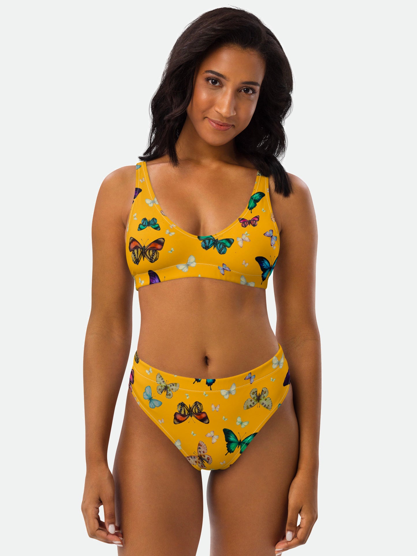 Butterflies Print Recycled High Waisted Bikini in Yellow