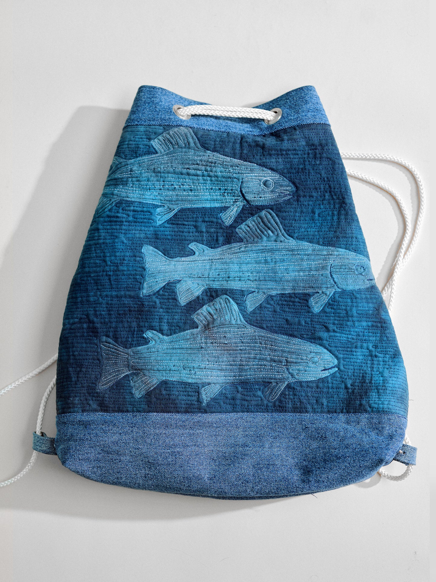 Embroidered Fishes My mama's Quilts x Kikina Designs bucket bag