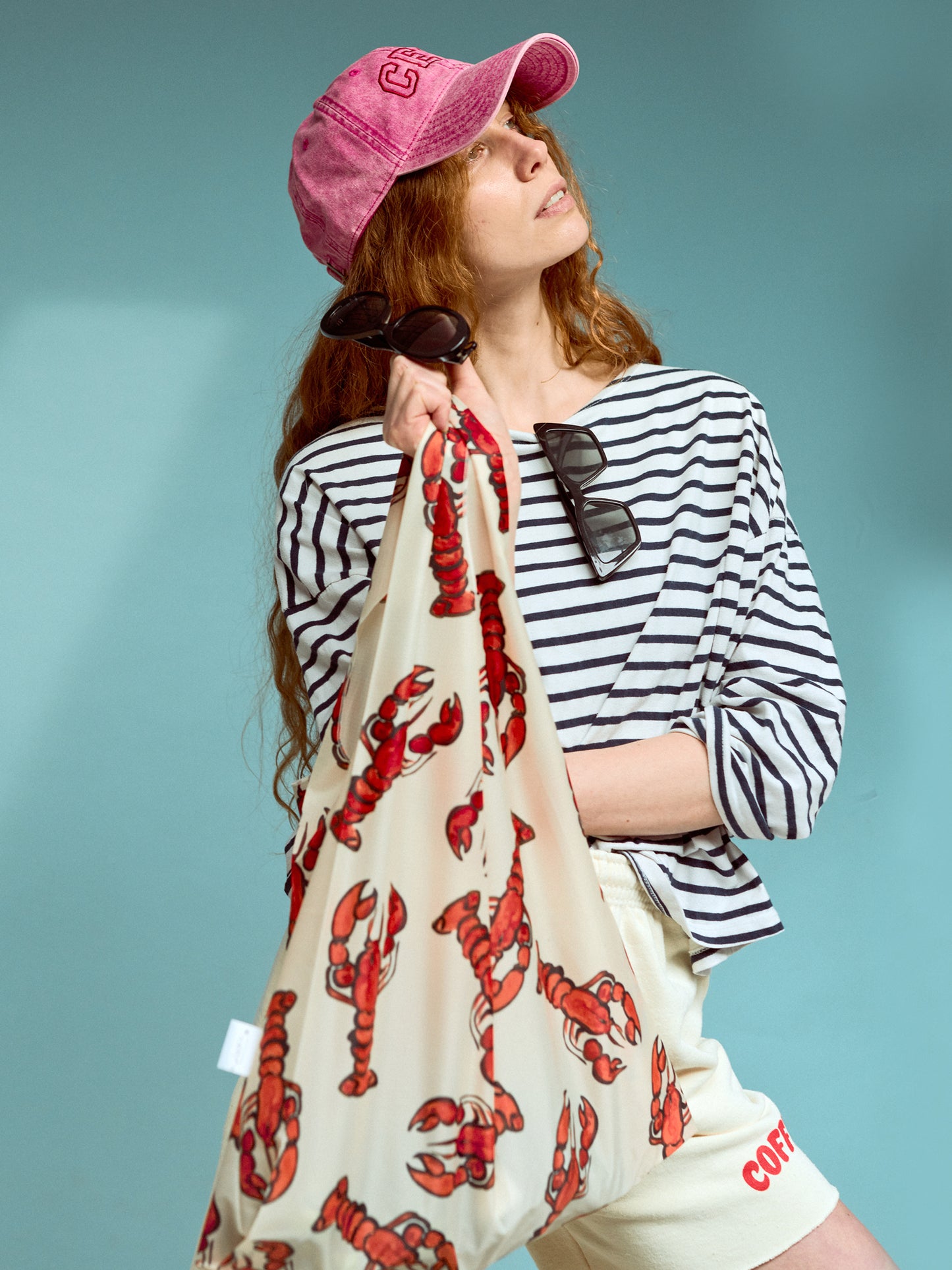 Painted Lobster Print Parachute Waterproof Shopper Bag in Beige