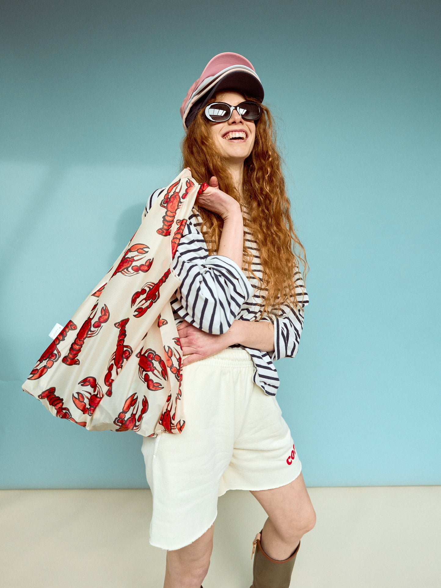 Painted Lobster Print Parachute Waterproof Shopper Bag in Beige