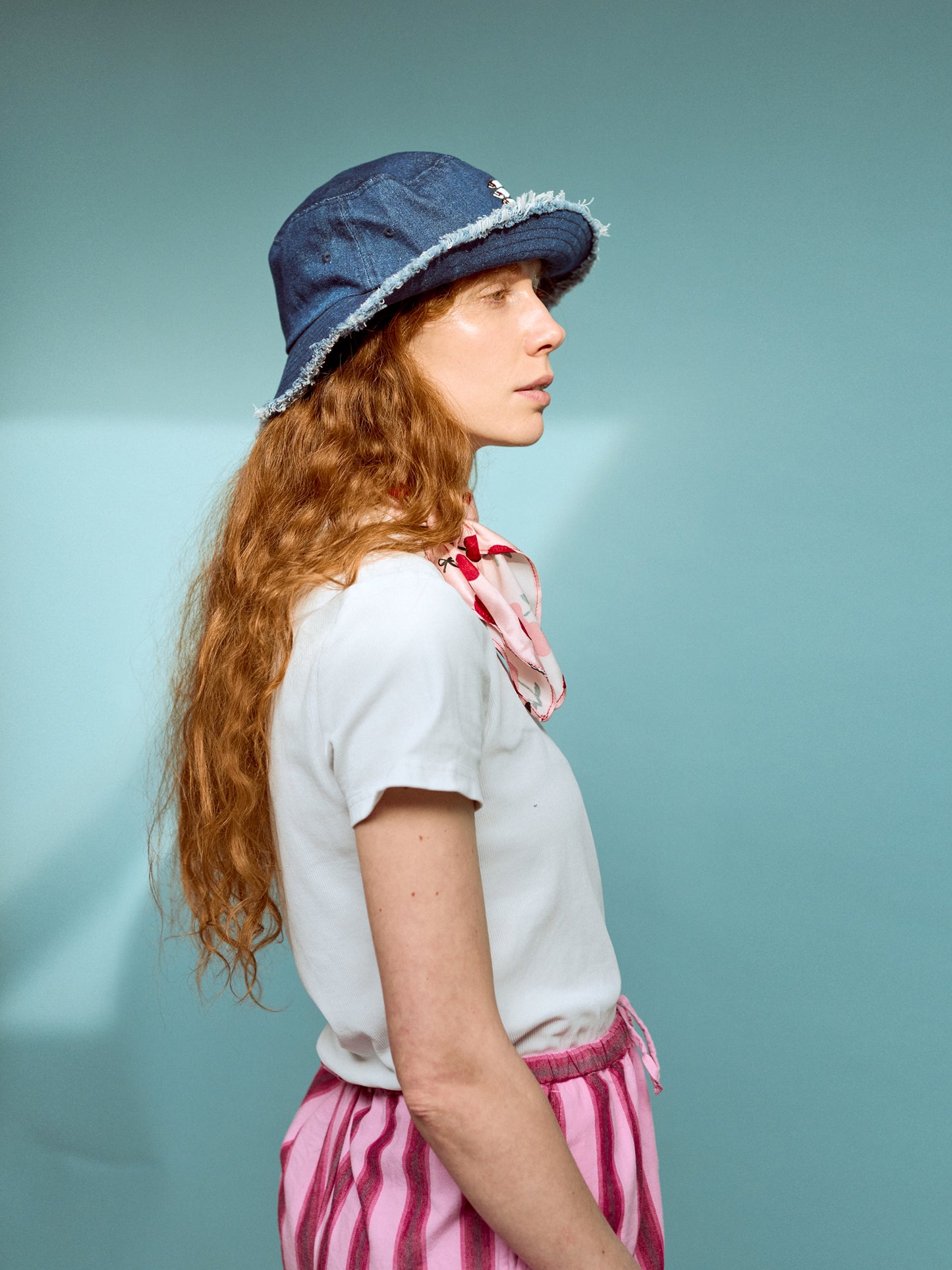 Embroidered Sardines Distressed Denim Bucket Hat