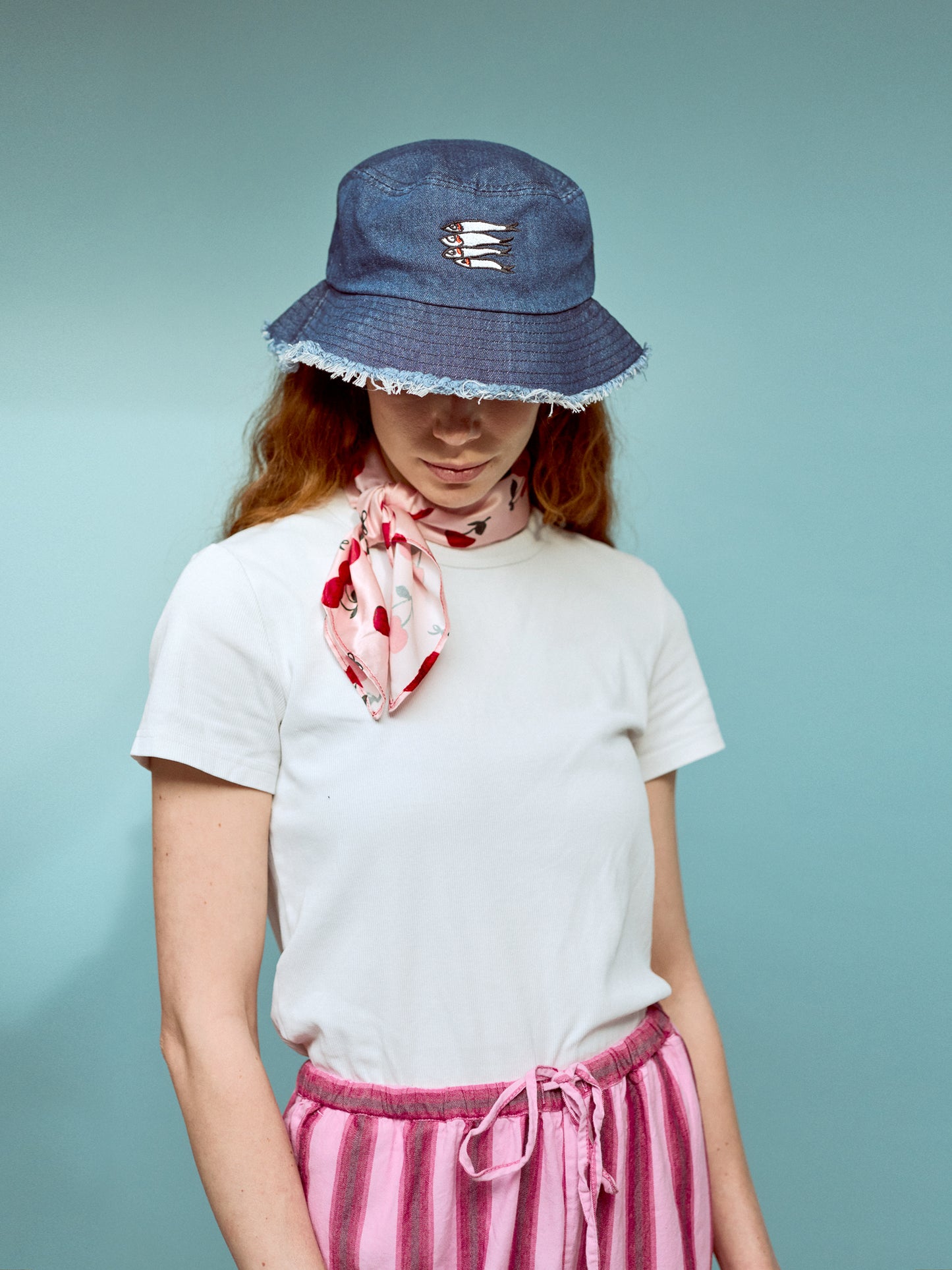 Embroidered Sardines Distressed Denim Bucket Hat