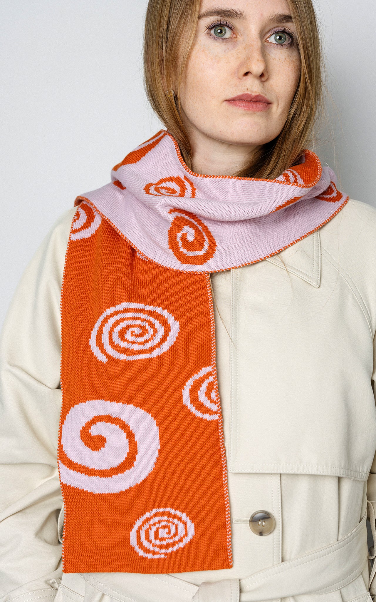Louise Spiral Wool and Cashmere Scarf in Orange and Pink