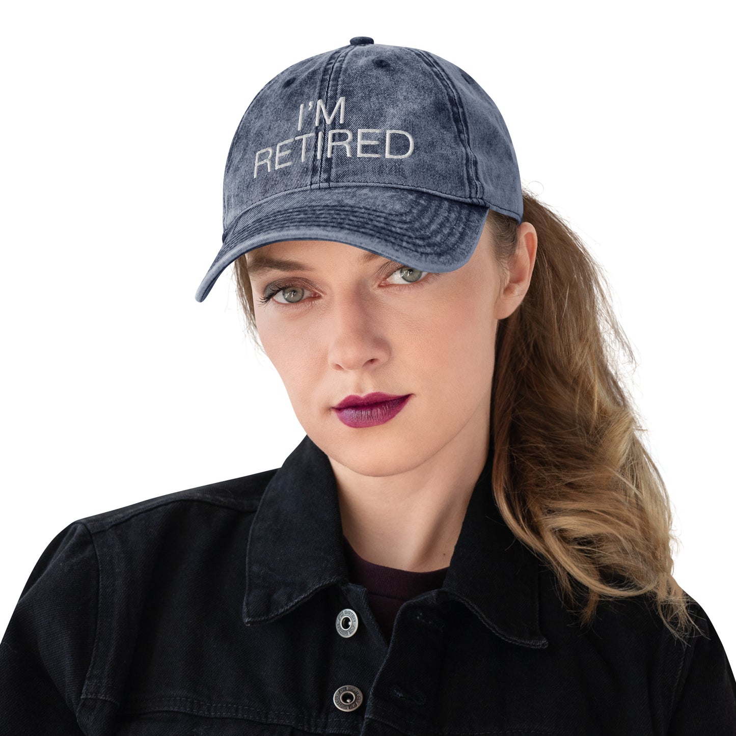 I'm Retired Embroidered Slogan Washed Cap in Blue