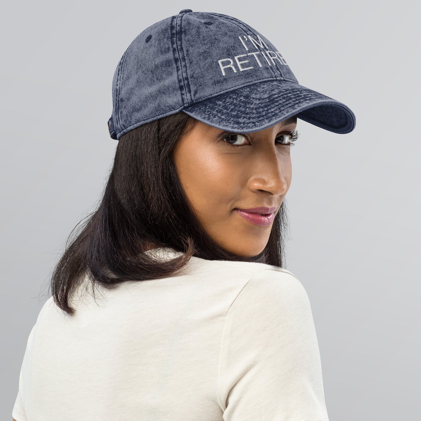 I'm Retired Embroidered Slogan Washed Cap in Blue