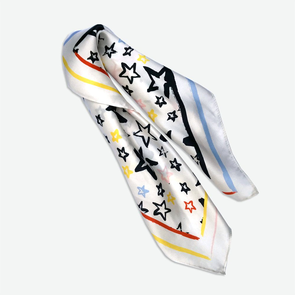 Painted Star Satin Silk Bandana in White
