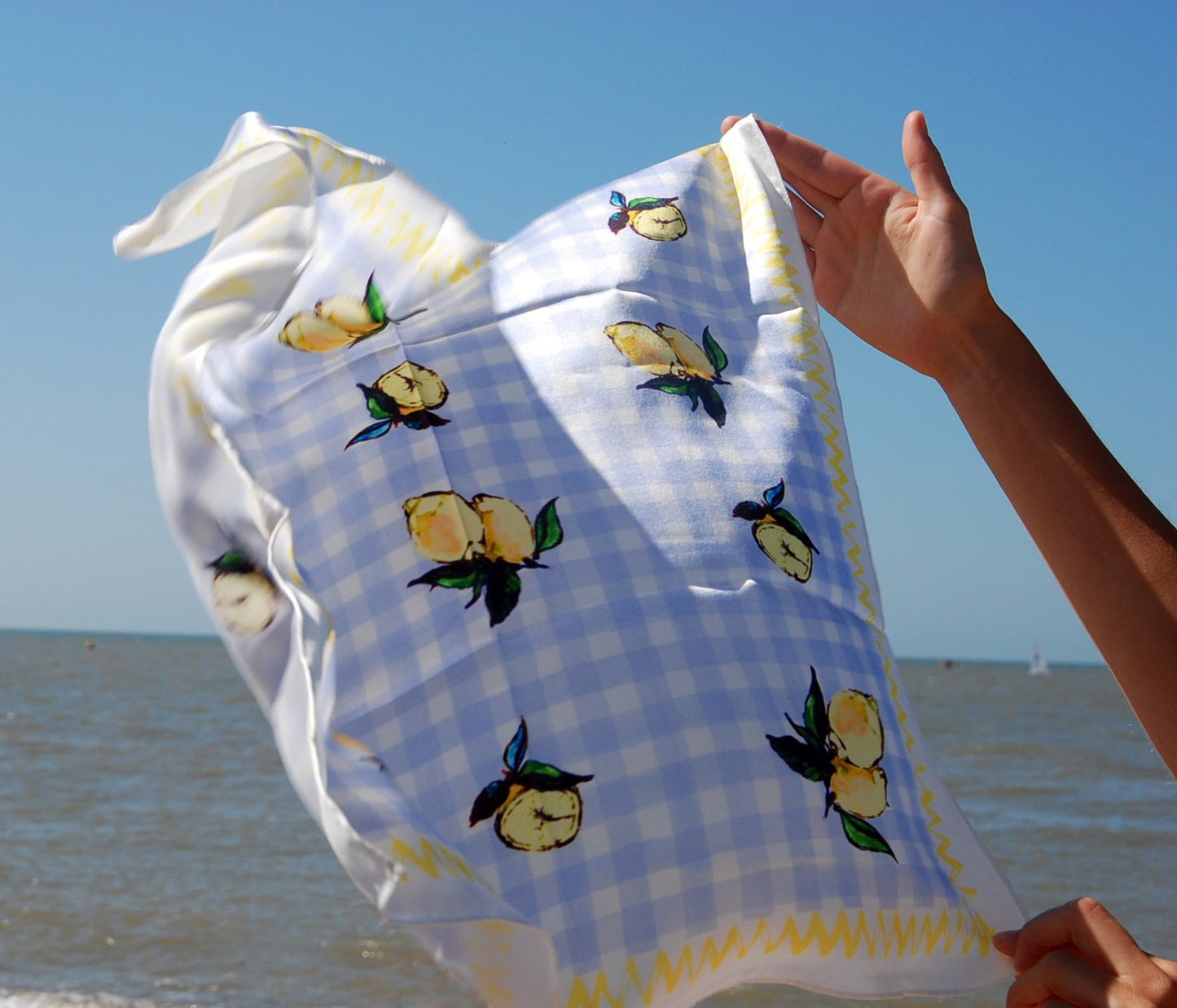 Lemon Scarf with Blue Gingham pattern