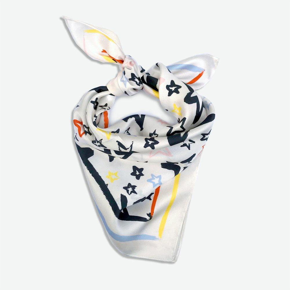 Painted Star Satin Silk Bandana in White