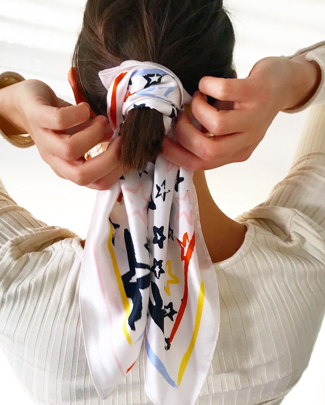 Painted Star Satin Silk Bandana in White
