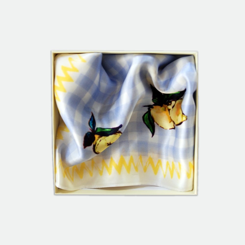 Lemon Scarf with Blue Gingham pattern