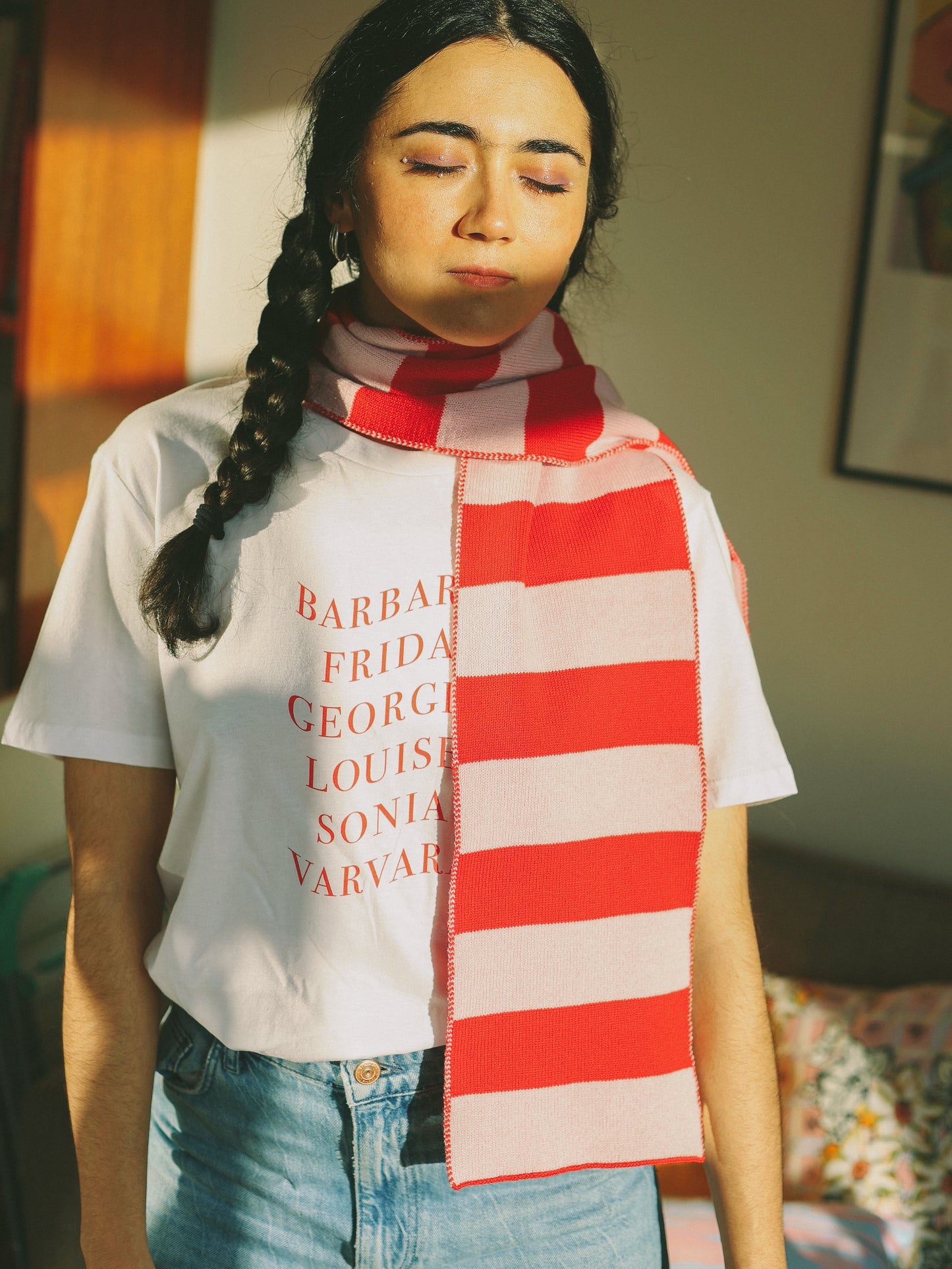 Wide Stripe Wool and Cashmere Scarf in Pink and Red