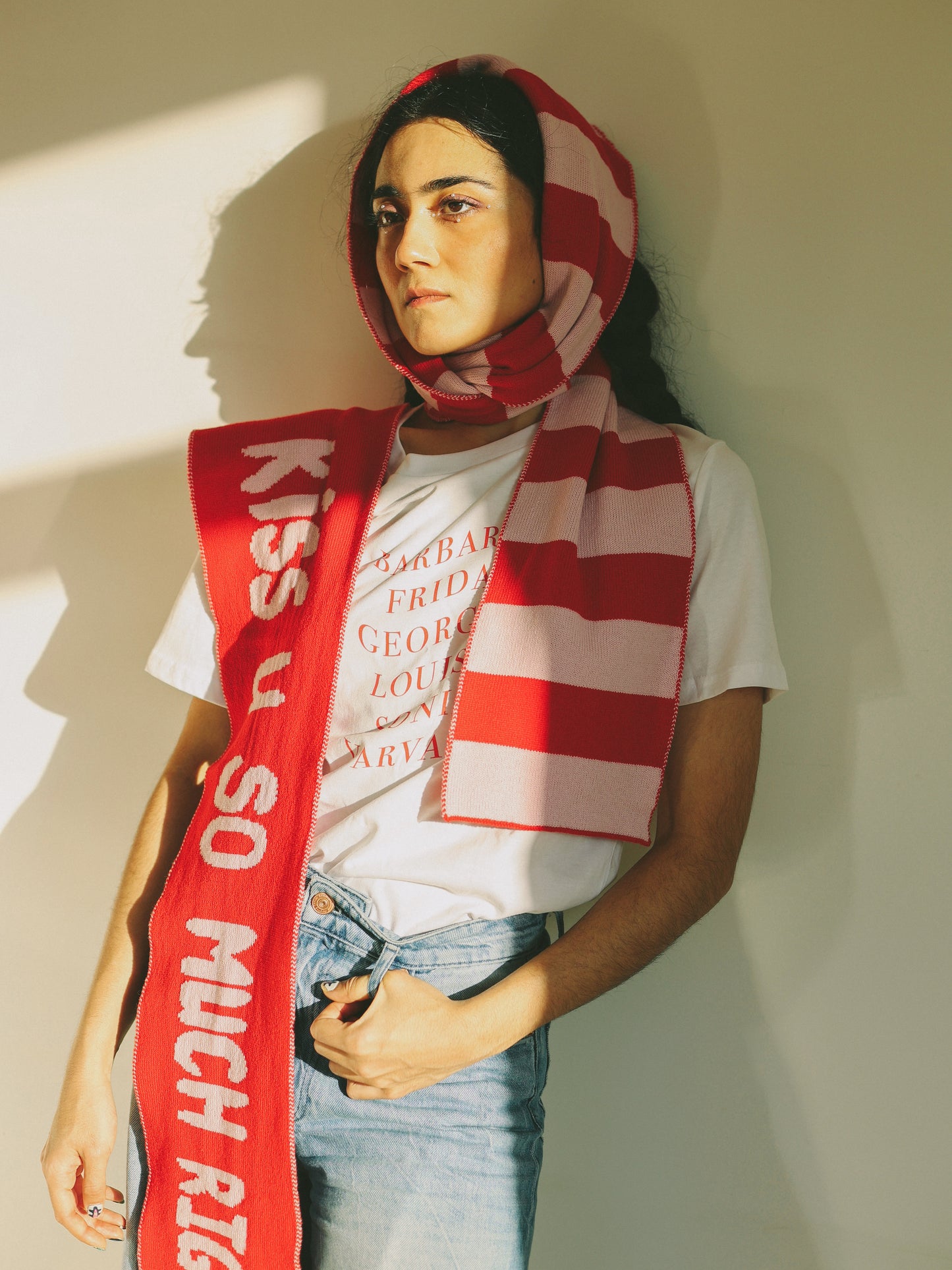 Wide Stripe Wool and Cashmere Scarf in Blush and Red