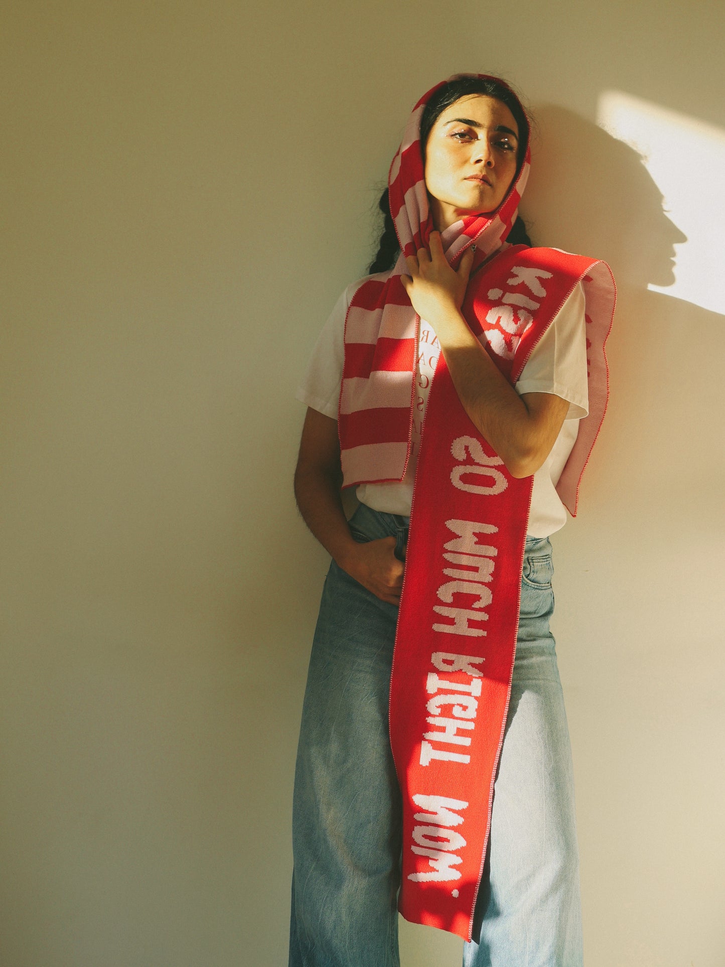 Wide Stripe Wool and Cashmere Scarf in Pink and Red