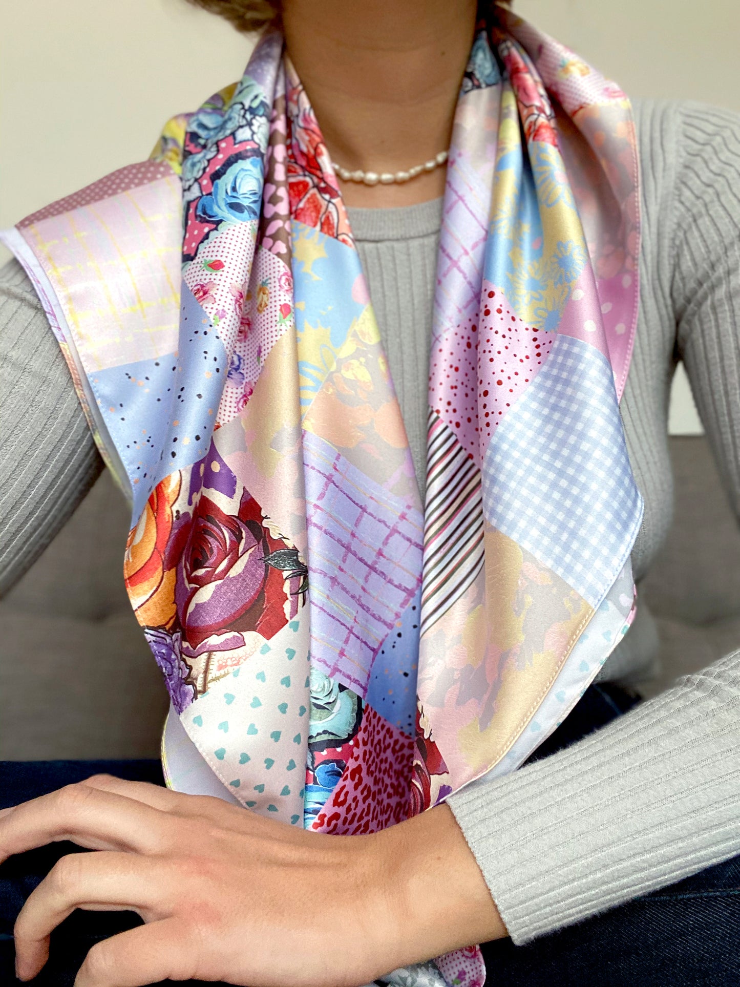 Patchwork Print Satin Square Scarf