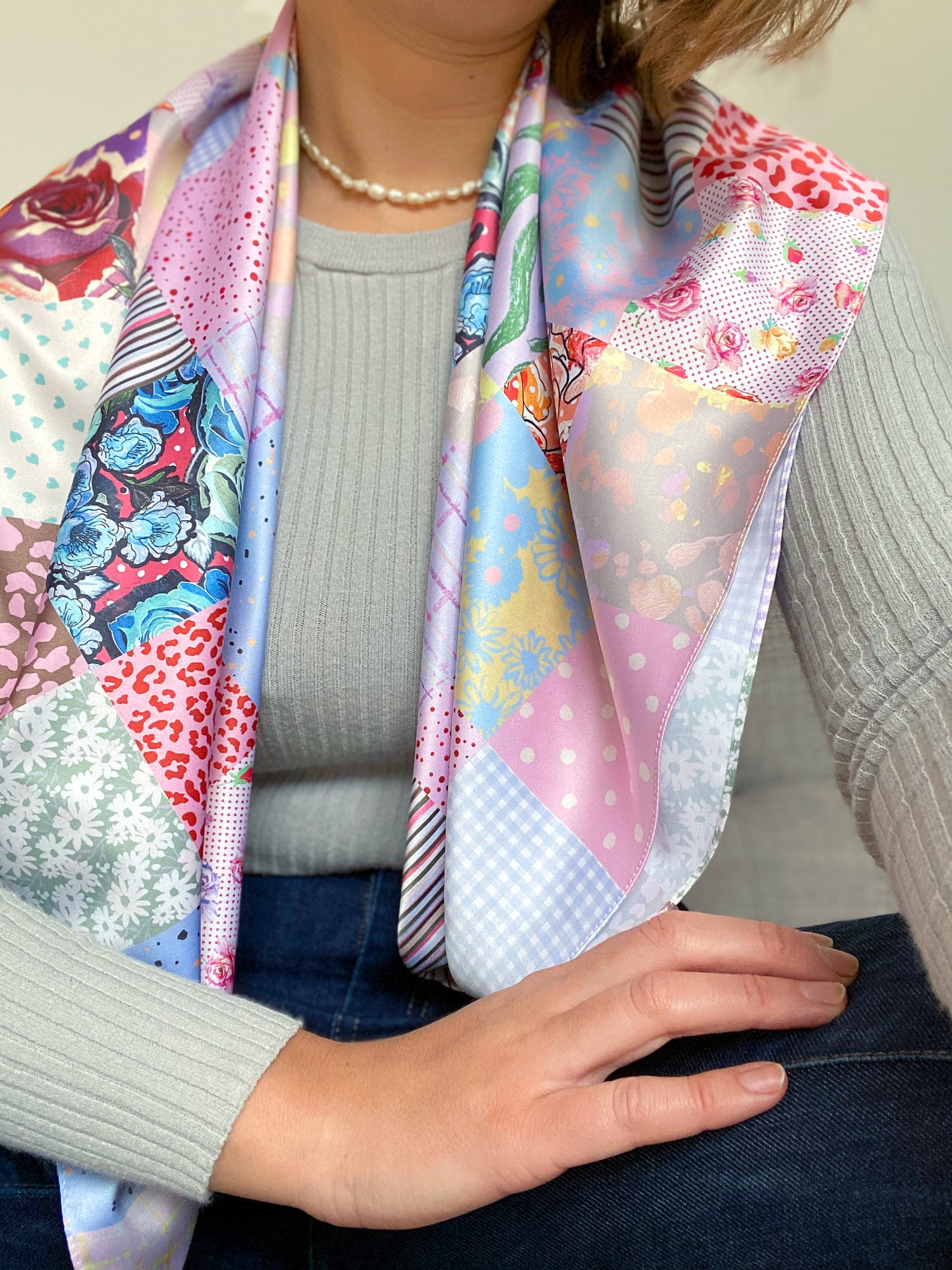Patchwork Print Satin Square Scarf
