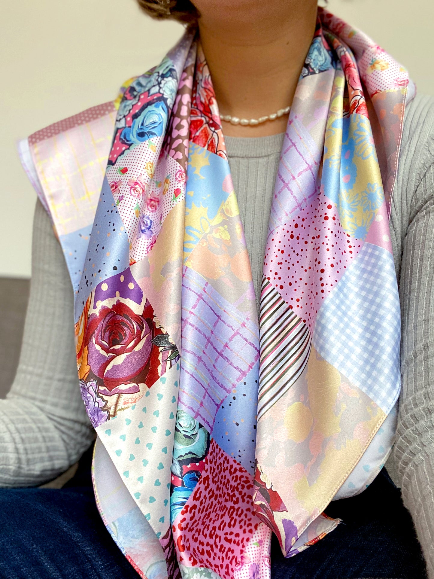 Patchwork Print Satin Square Scarf