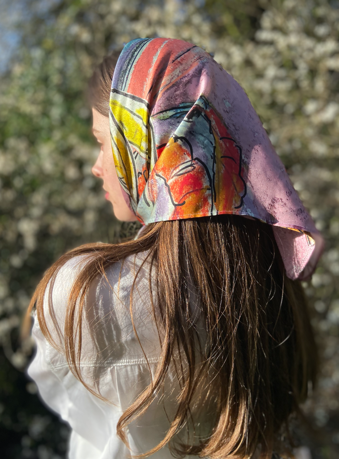 Tapas with Prawns. Dreaming of Spain. Pastel Satin Silk Bandana