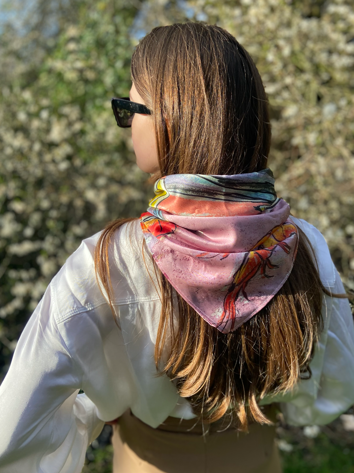Tapas with Prawns. Dreaming of Spain. Pastel Satin Silk Bandana