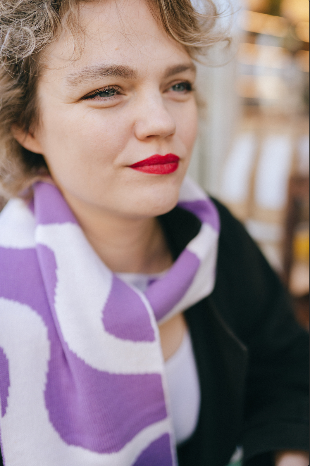 Wiggly Stripe Wool and Cashmere Scarf in Beige And Purple