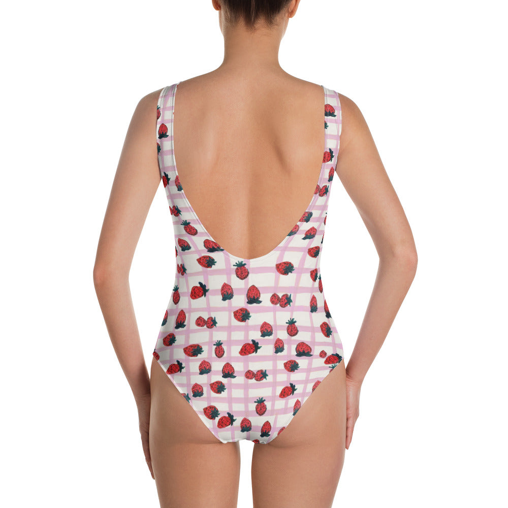 Strawberry Print One-Piece Swimsuit in Pink