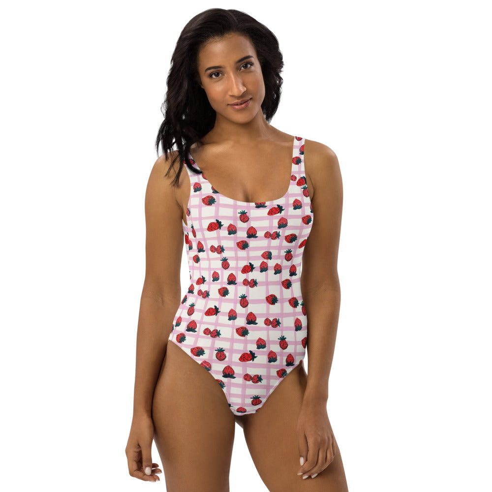 Strawberry Print One-Piece Swimsuit in Pink