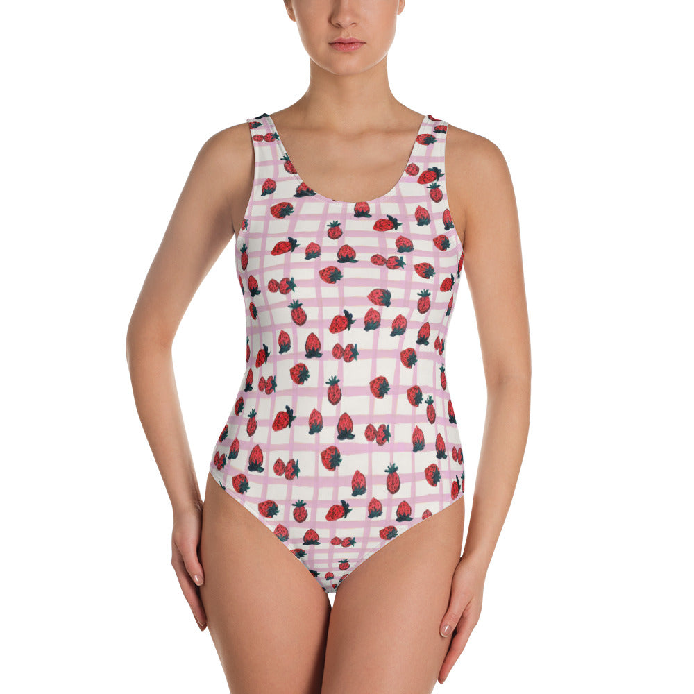 Strawberry Print One-Piece Swimsuit in Pink
