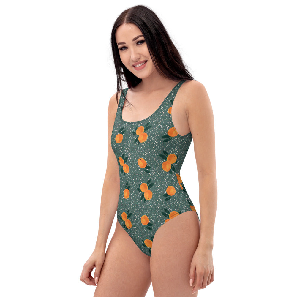 Orange Print Swimsuit in Jade Green