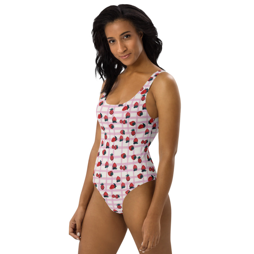 Strawberry Print One-Piece Swimsuit in Pink