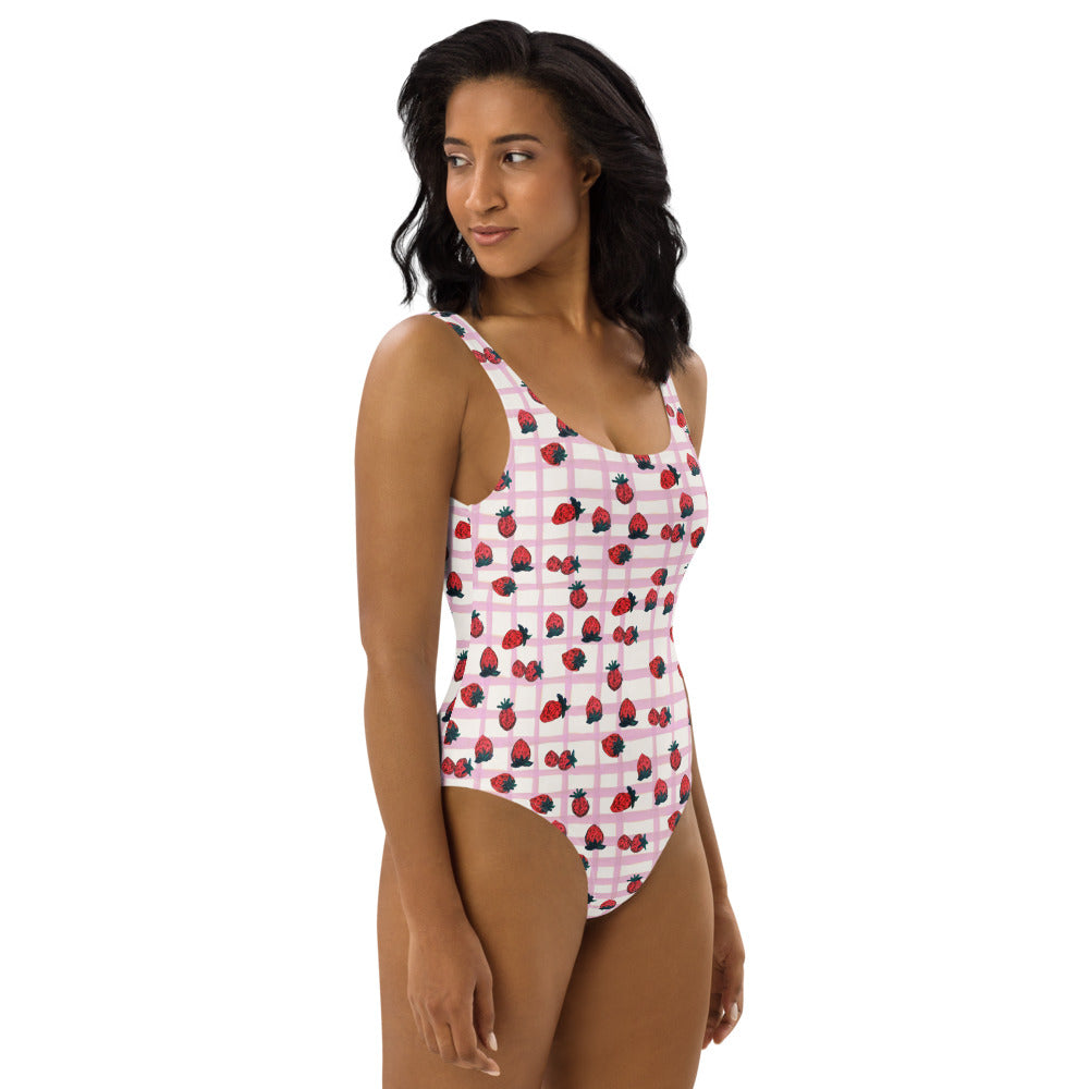 Strawberry Print One-Piece Swimsuit in Pink