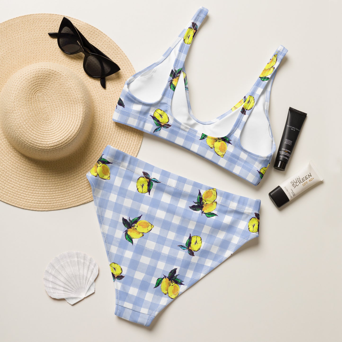 Lemon Print Recycled high-waisted bikini