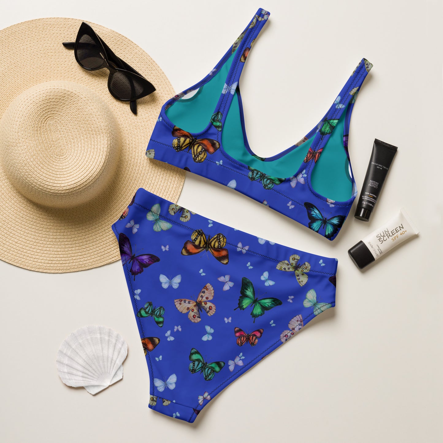Butterflies Print Recycled High Waisted Bikini in Blue