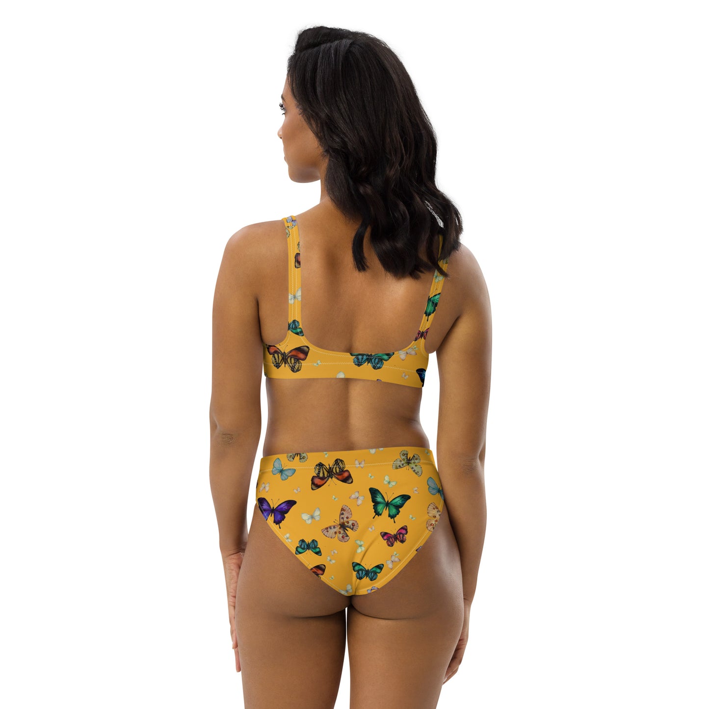 Butterflies Print Recycled High Waisted Bikini in Yellow