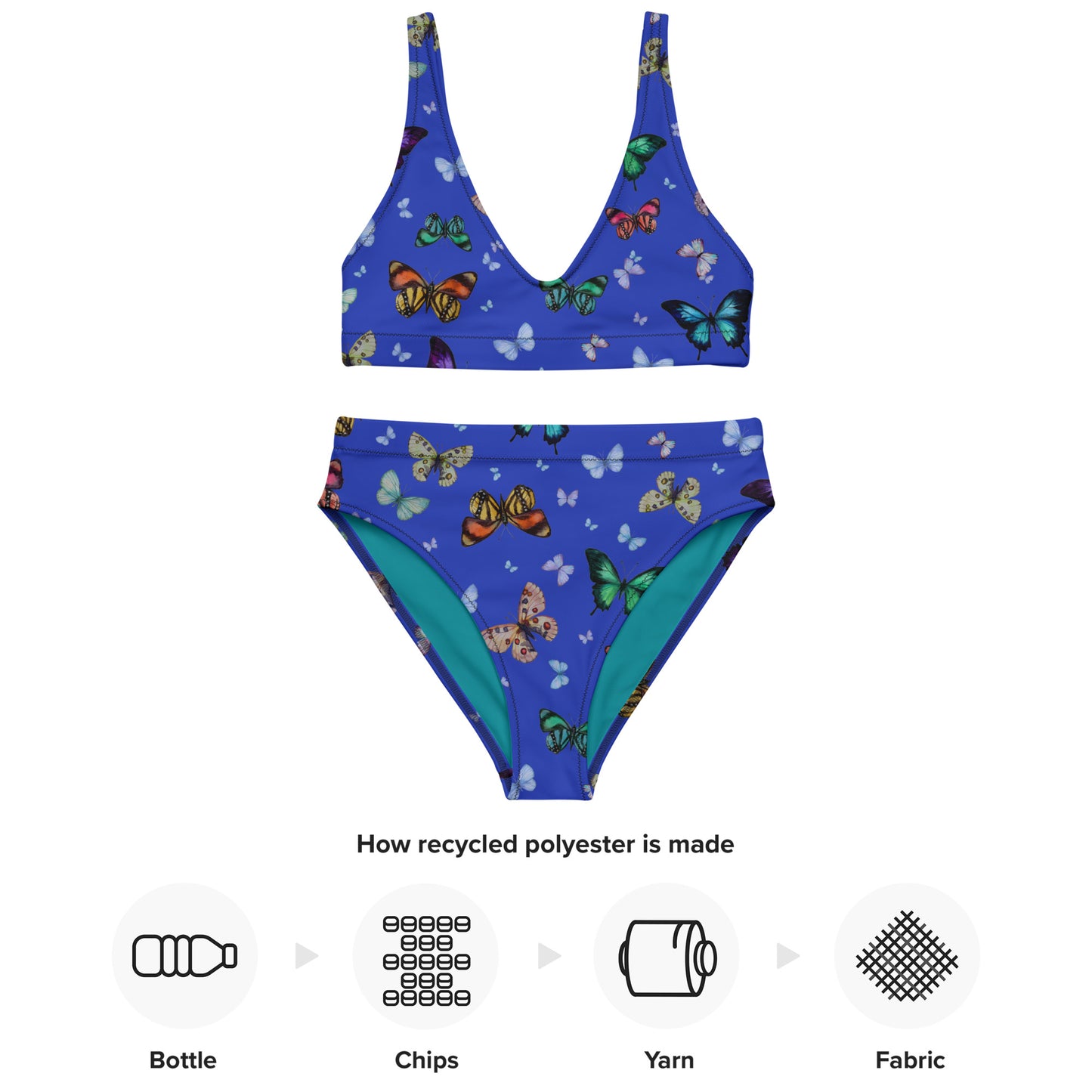 Butterflies Print Recycled High Waisted Bikini in Blue