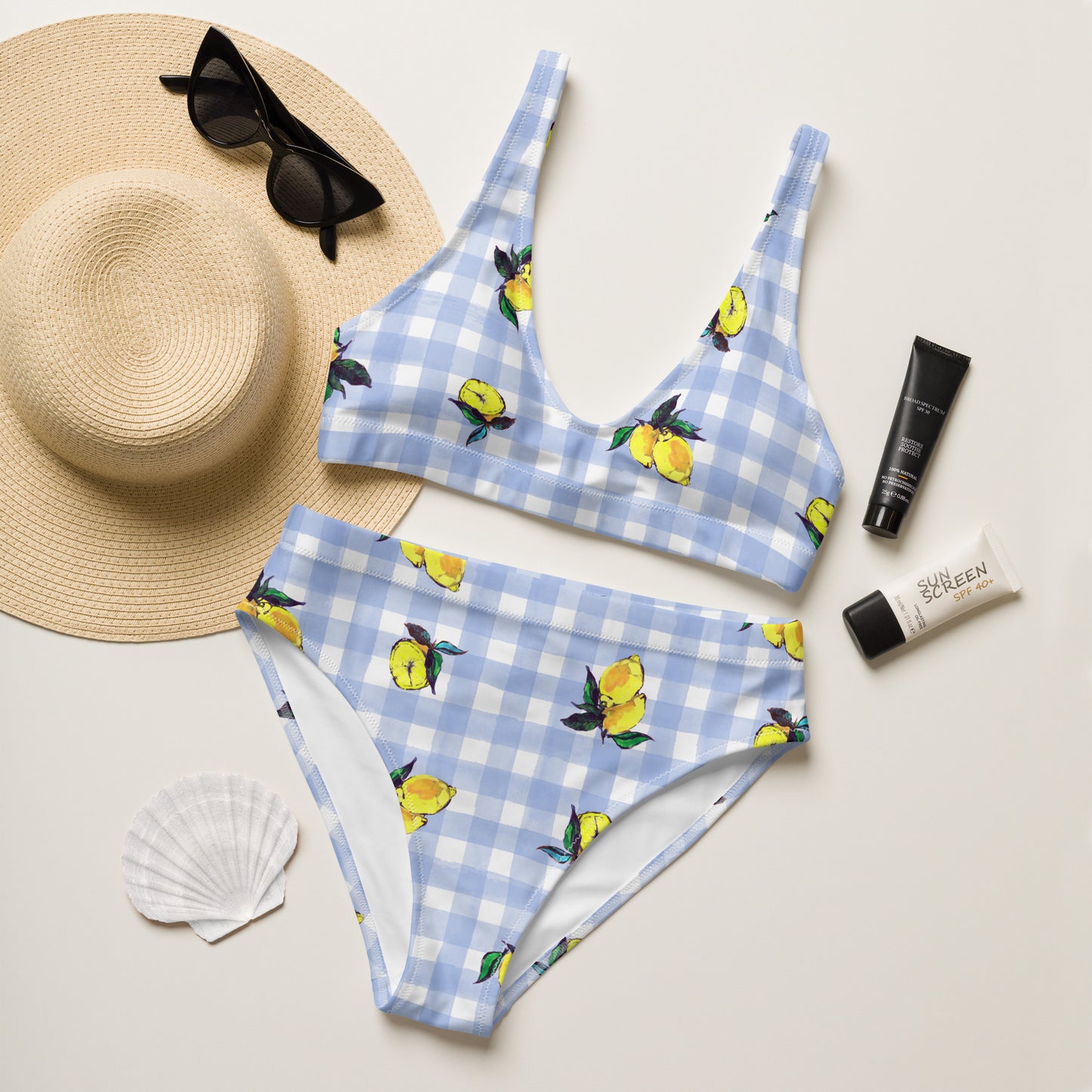 Lemon Print Recycled high-waisted bikini