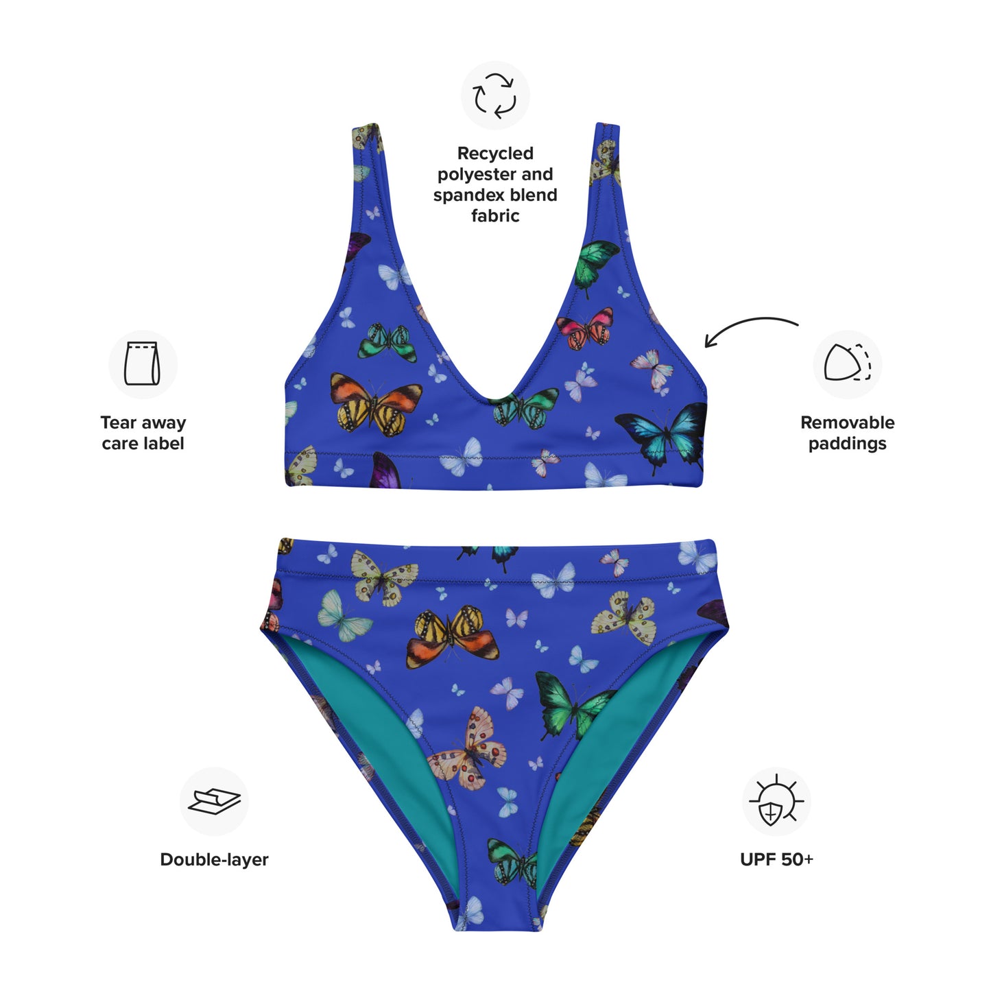 Butterflies Print Recycled High Waisted Bikini in Blue