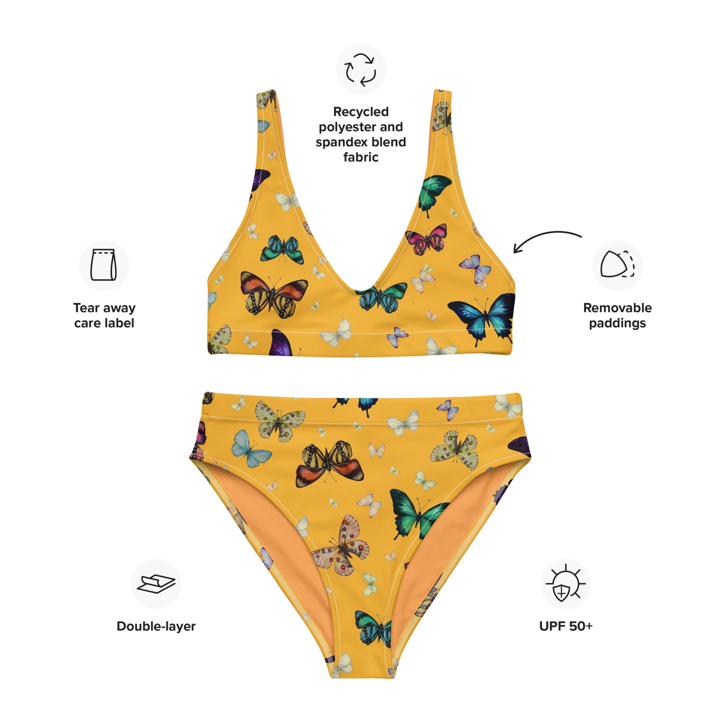 Butterflies Print Recycled High Waisted Bikini in Yellow