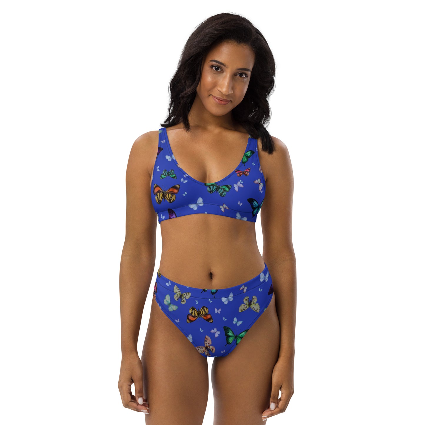 Butterflies Print Recycled High Waisted Bikini in Blue
