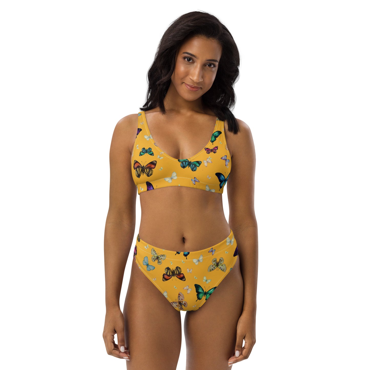Butterflies Print Recycled High Waisted Bikini in Yellow