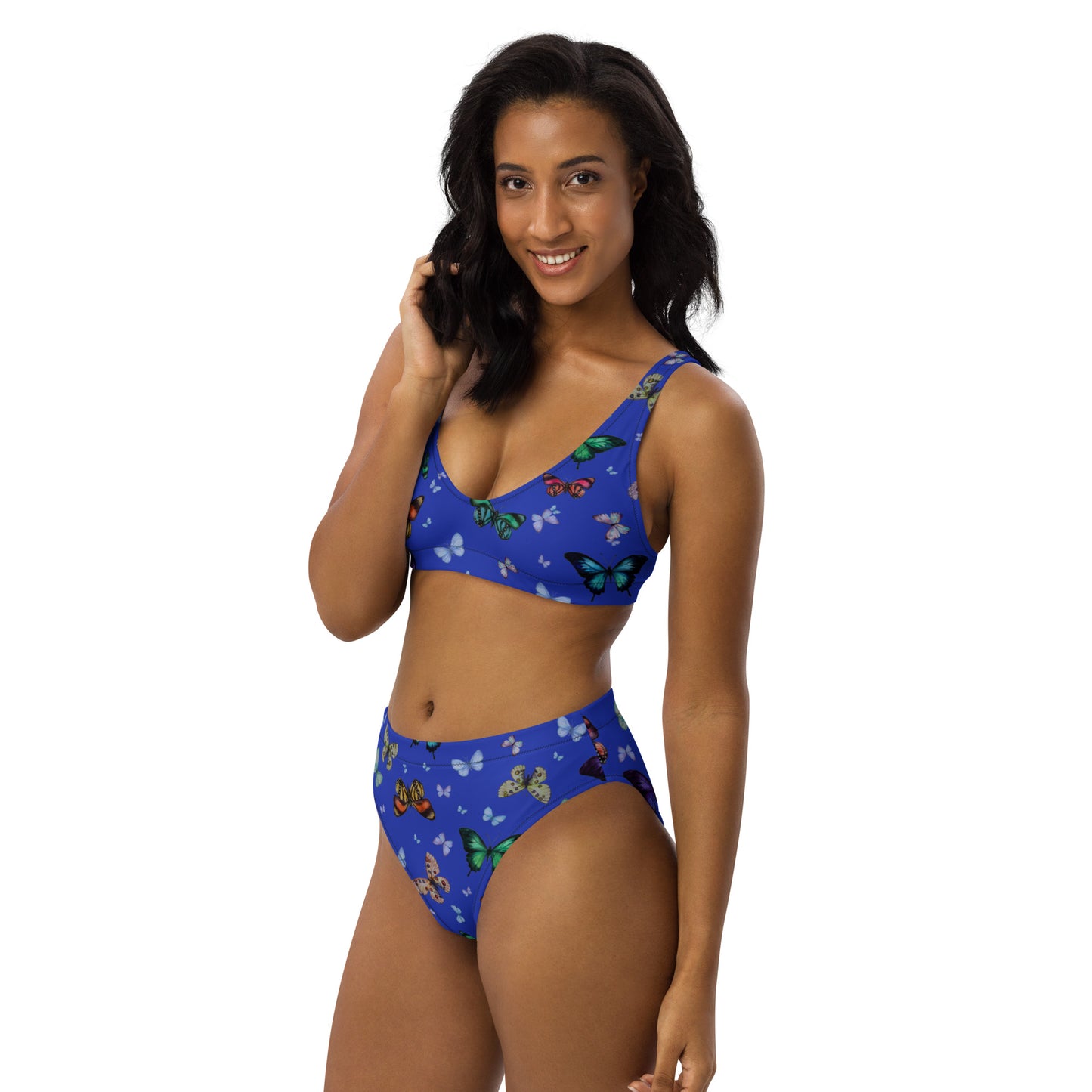 Butterflies Print Recycled High Waisted Bikini in Blue