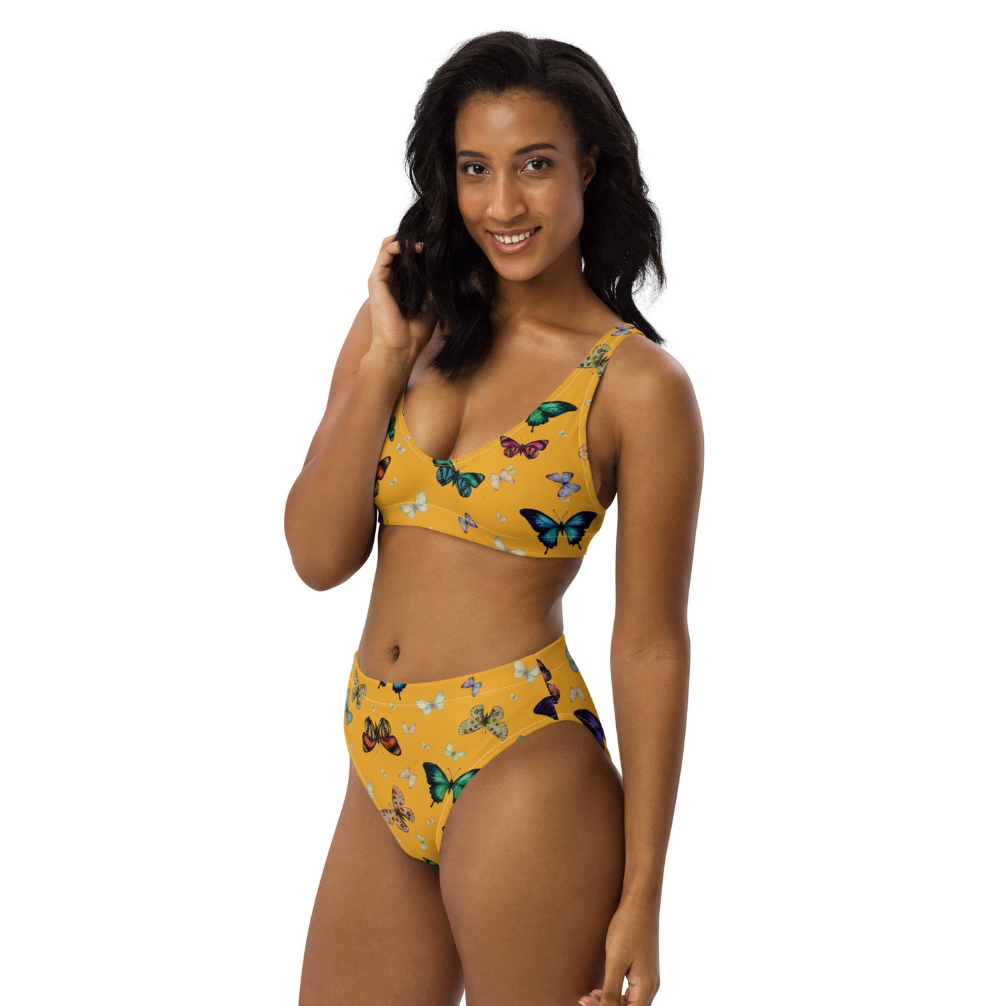 Butterflies Print Recycled High Waisted Bikini in Yellow