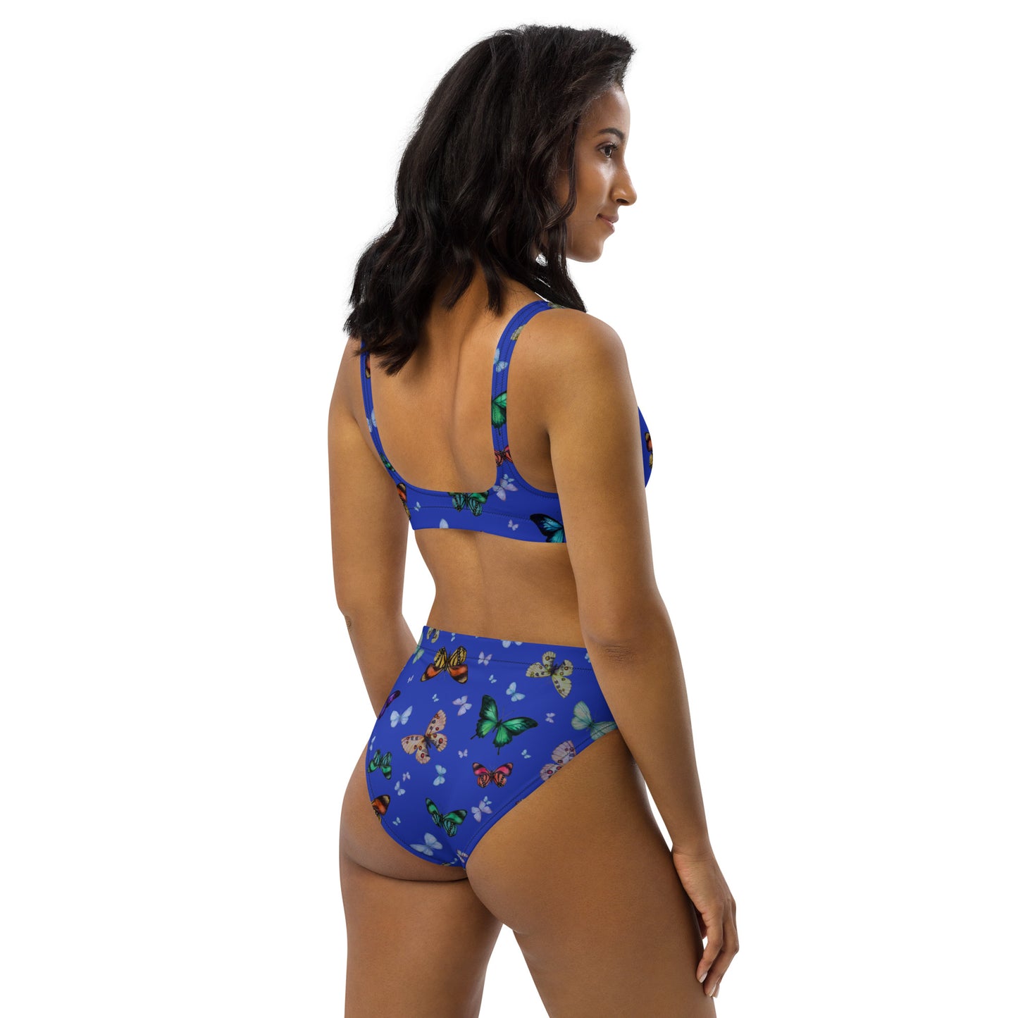 Butterflies Print Recycled High Waisted Bikini in Blue