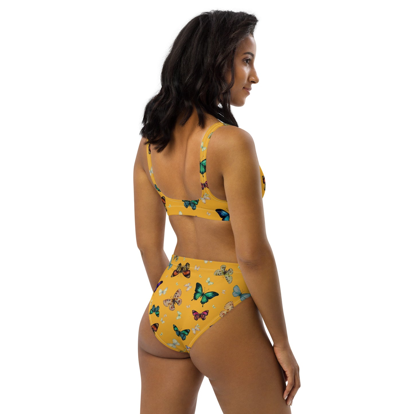 Butterflies Print Recycled High Waisted Bikini in Yellow
