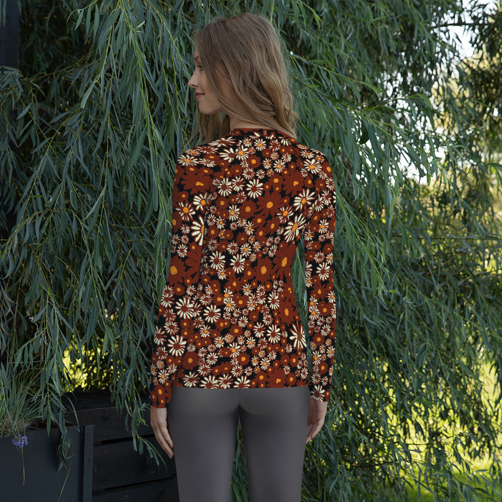 Daisy Print Women's Rash Guard in Chocolate Long Sleeve