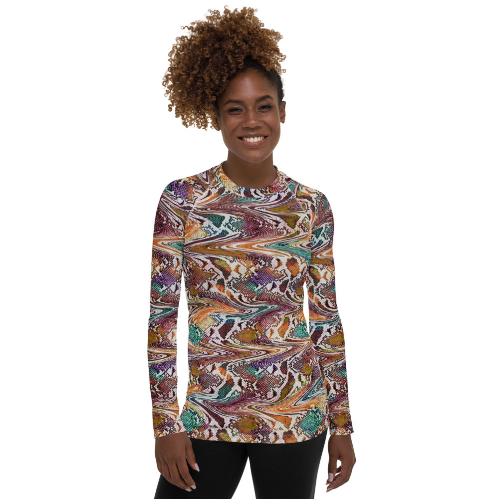 Trippy Snake Print Women's Rash Guard Long Sleeve