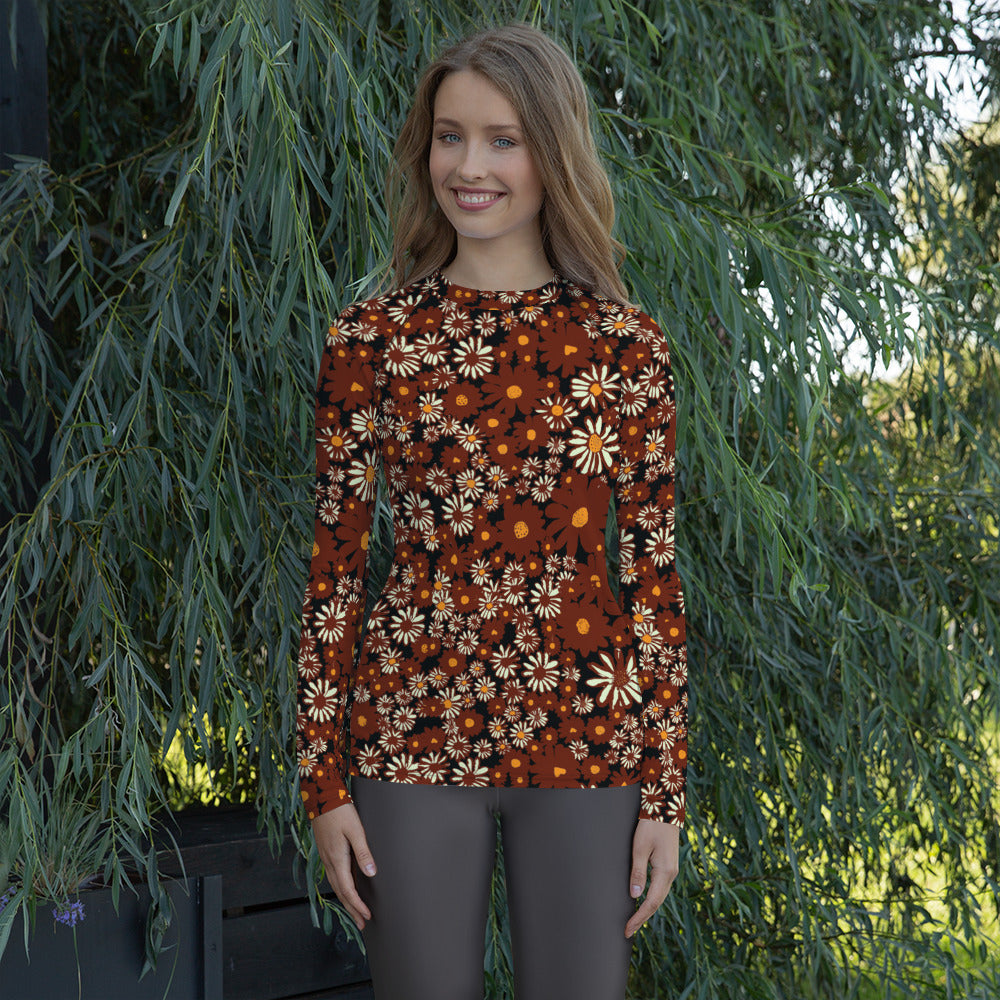 Daisy Print Women's Rash Guard in Chocolate Long Sleeve