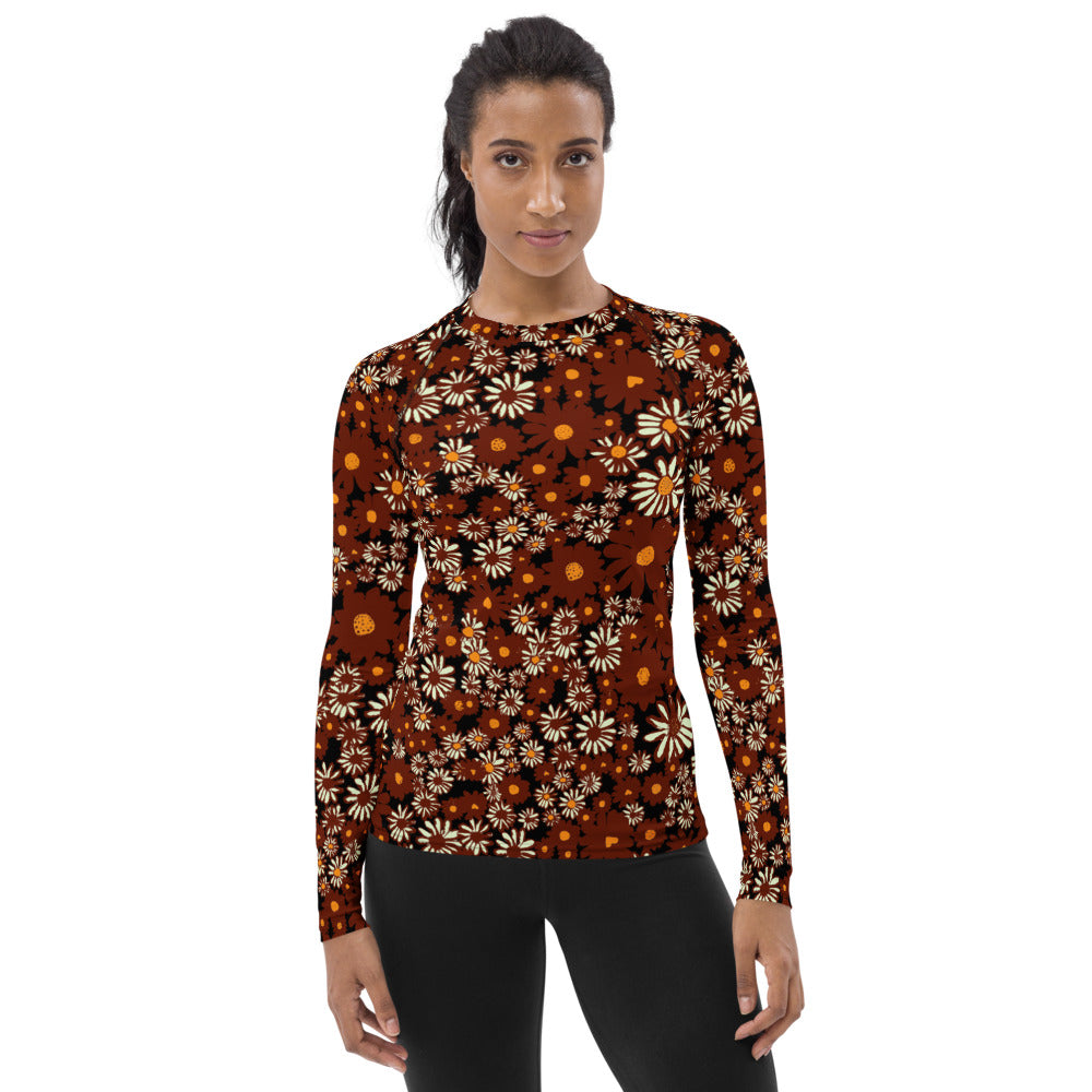 Daisy Print Women's Rash Guard in Chocolate Long Sleeve