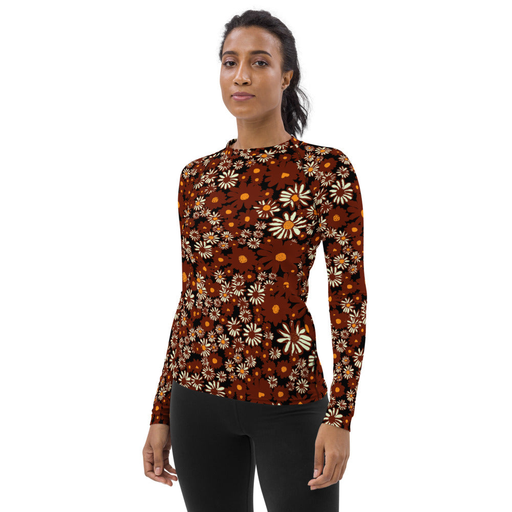 Daisy Print Women's Rash Guard in Chocolate Long Sleeve