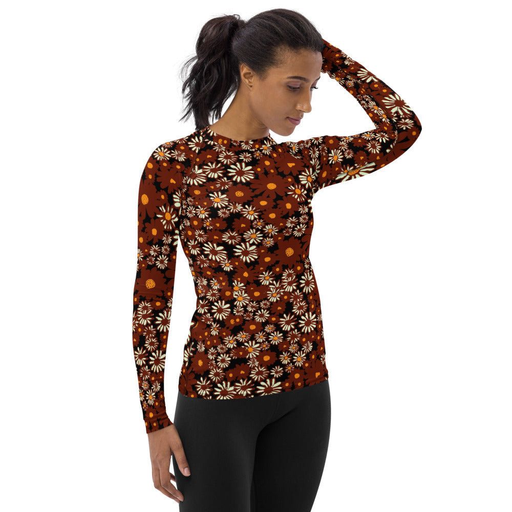 Daisy Print Women's Rash Guard in Chocolate Long Sleeve